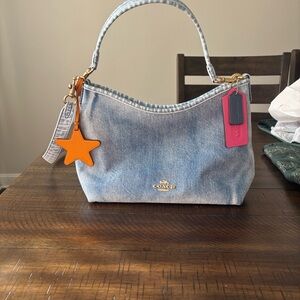 Coach Denim Shoulder Bag with Orange and Pink Accents